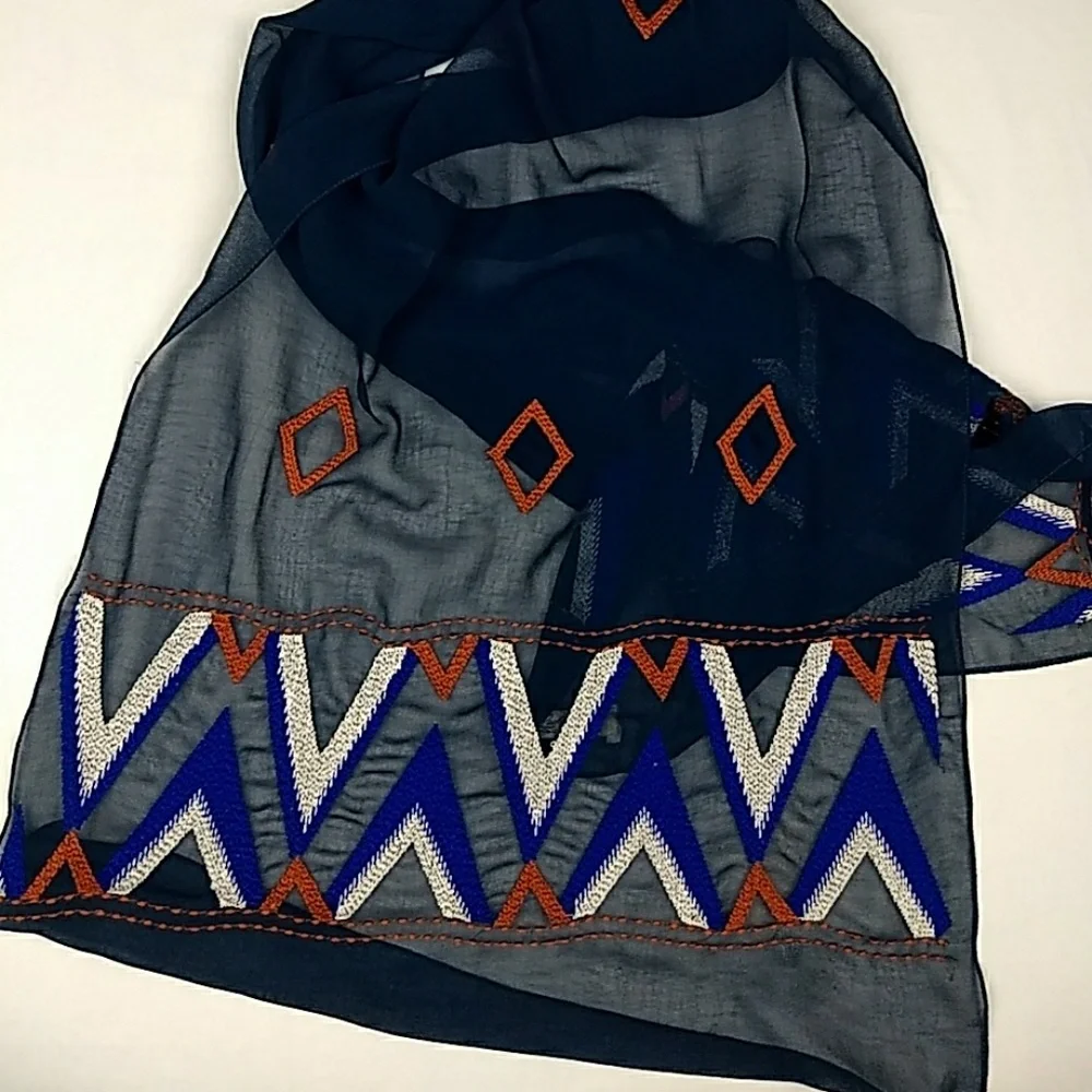 Lucky Brand Navy Scarf with Blue White and Orange Embroidery